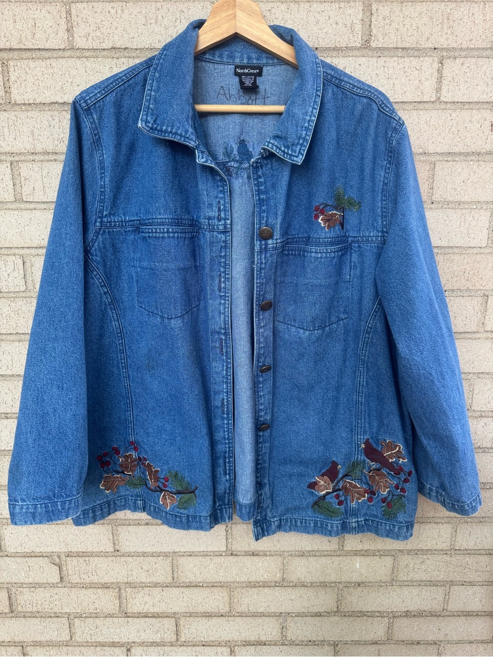 Vintage Blue Denim Shacket Jacket Fall Floral Embroidery Cotton 2X